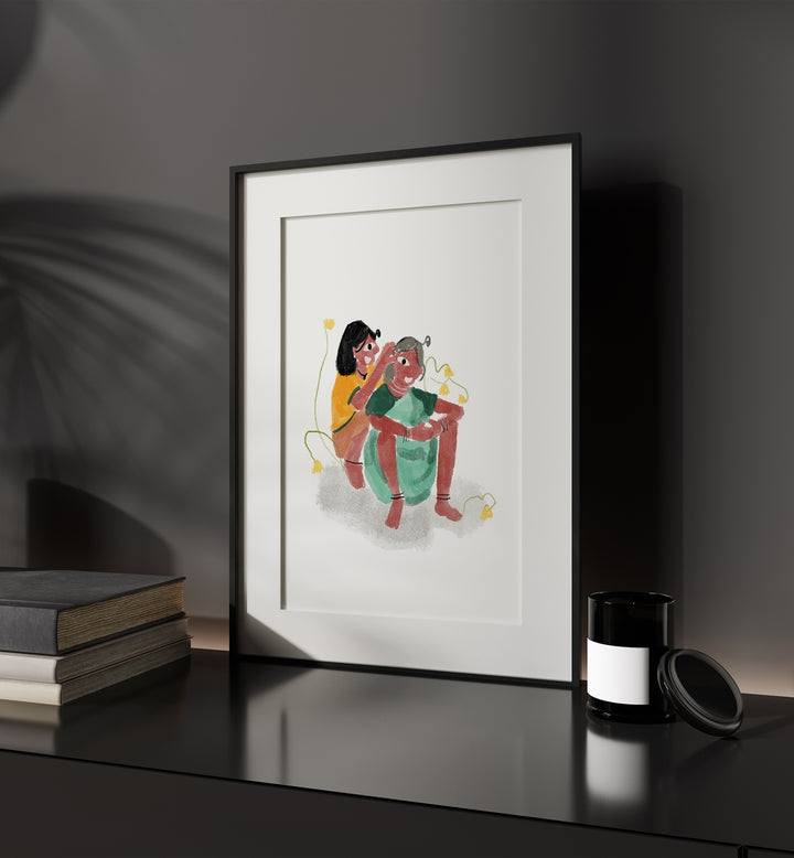 Love As We See By Shreya Roy Chowdary, Indian Art Paintings Artwork in Black Frame With Mount placed above a Shelf near a Dark Grey Colored Wall