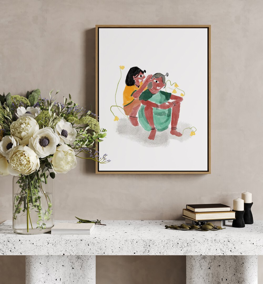 Love As We See By Shreya Roy Chowdary, Indian Art Paintings Artwork in Oak Wood Floater Frame placed on a Beige Colored Wall above a Console Table