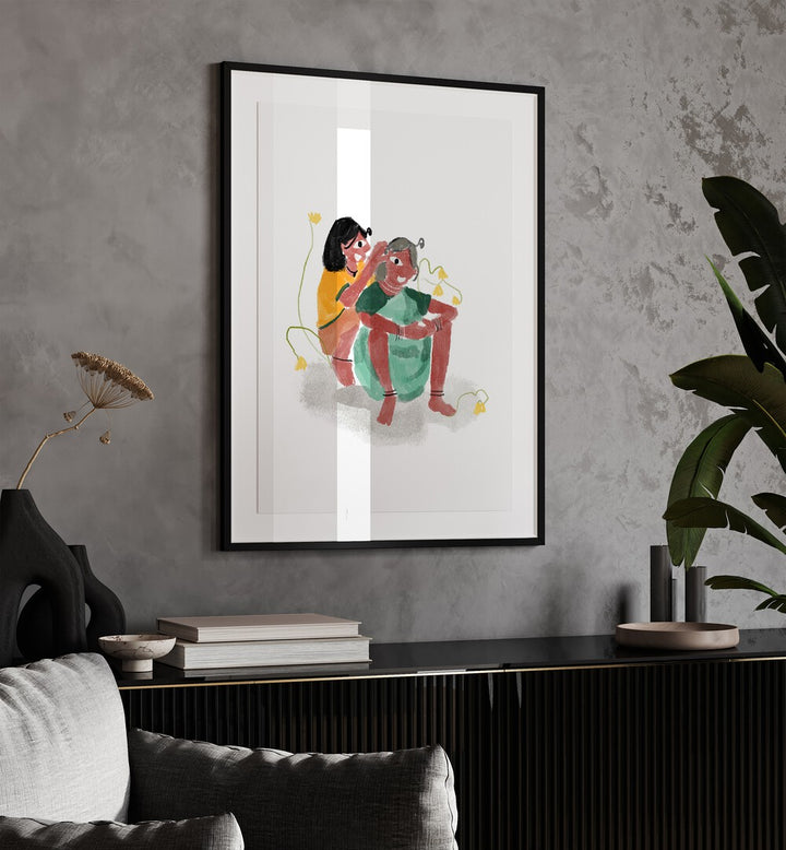 Love As We See By Shreya Roy Chowdary, Indian Art Paintings Artwork in Black Frame With Mount placed on a Grey Colored Wall above a Console Table in the Drawing Room