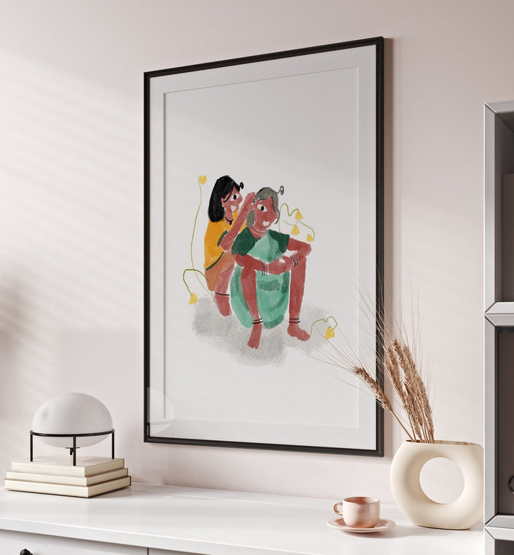 Love As We See By Shreya Roy Chowdary, Indian Art Paintings Artwork in Black Frame With Mount placed on a Cream Colored Wall above a Console Table