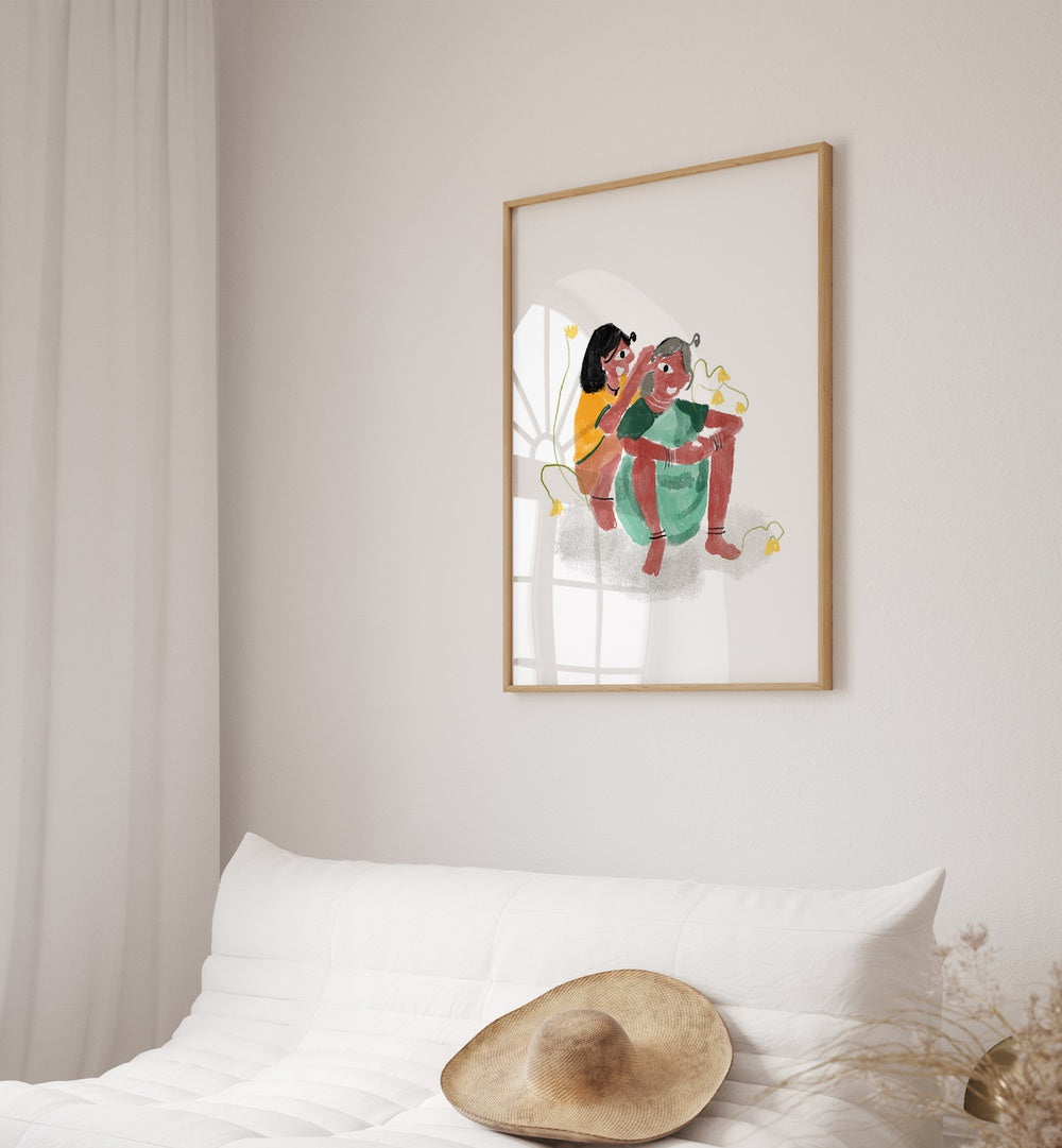 Love As We See By Shreya Roy Chowdary, Indian Art Paintings Artwork in Oak Wood Plain Frame placed on a White Colored Wall near a Bed in the Bedroom