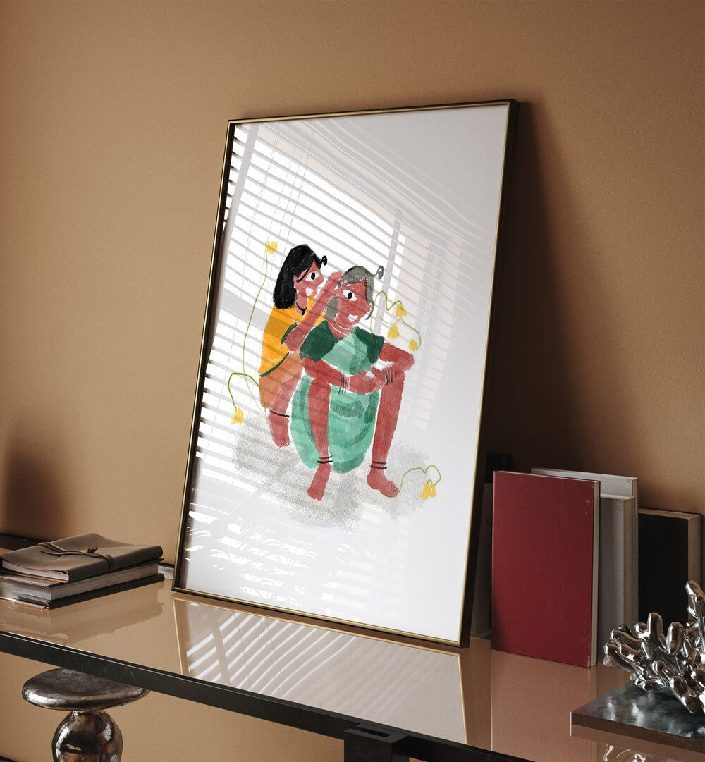 Love As We See By Shreya Roy Chowdary, Indian Art Paintings Artwork in Dark Wood Plain Frame
placed above a Shelf near a Brown Colored Wall