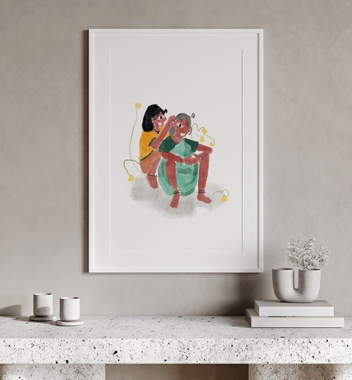 Love As We See By Shreya Roy Chowdary, Indian Art Paintings Artwork in White Frame With Mount placed on a Brown Colored Wall above a Console Table