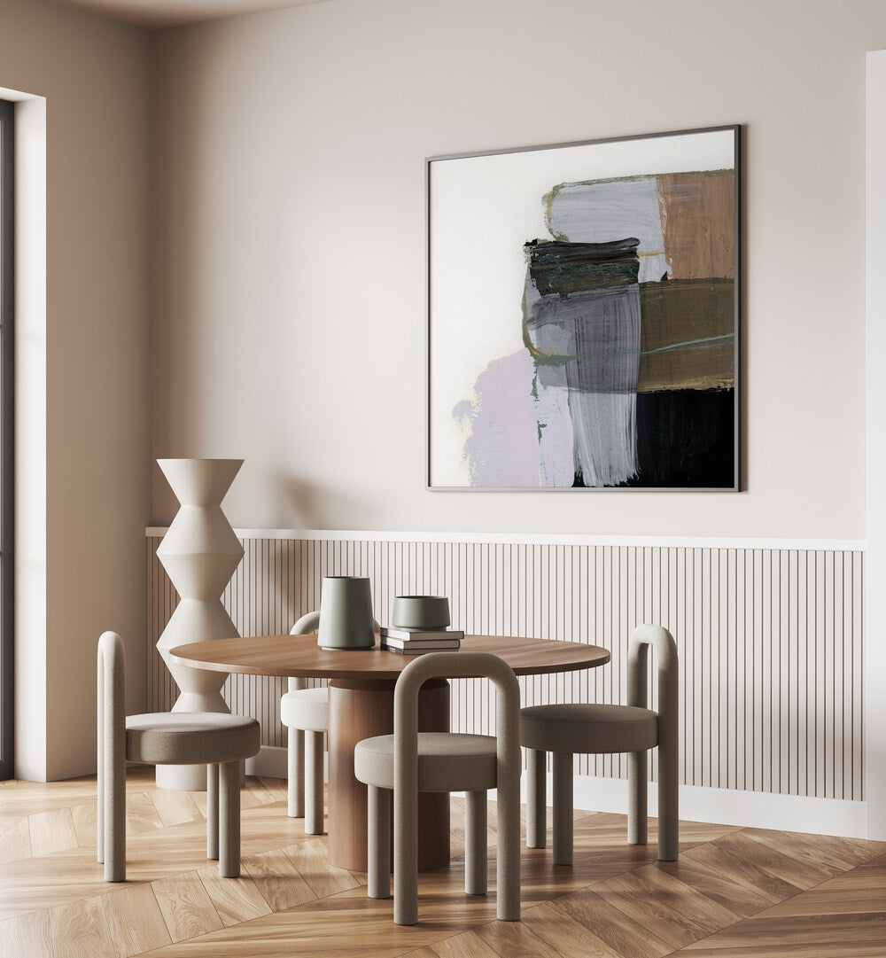 Stylish dining room featuring LUNE, ABSTRACT PAINTINGS that enhance the space with vibrant colors and modern design.