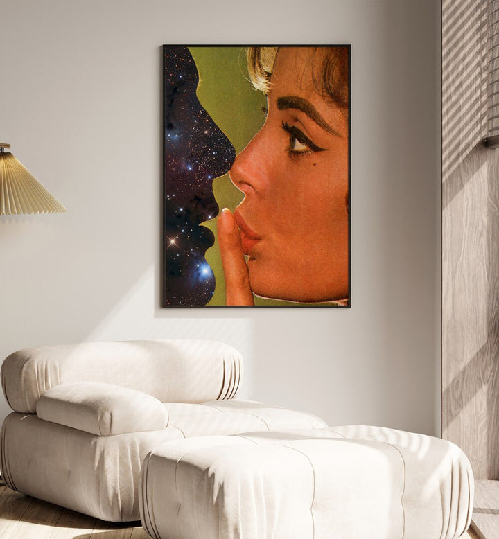 Lust In Space Surreal Art Painting Artwork in plain black frame behind a sofa on a white wall