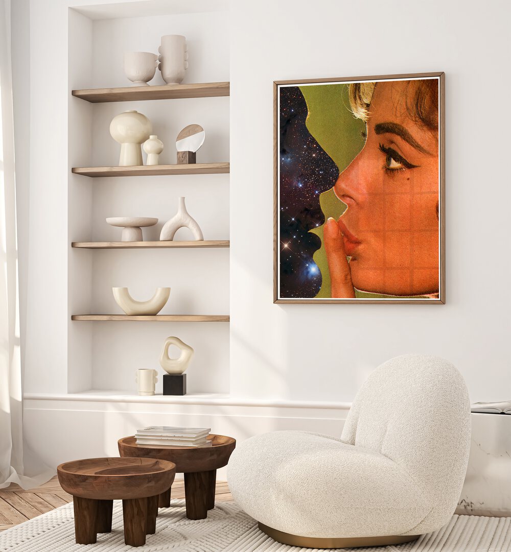 Lust In Space Surreal Art Painting Artwork in plain oakwood frame behind a white sofa on a white wall