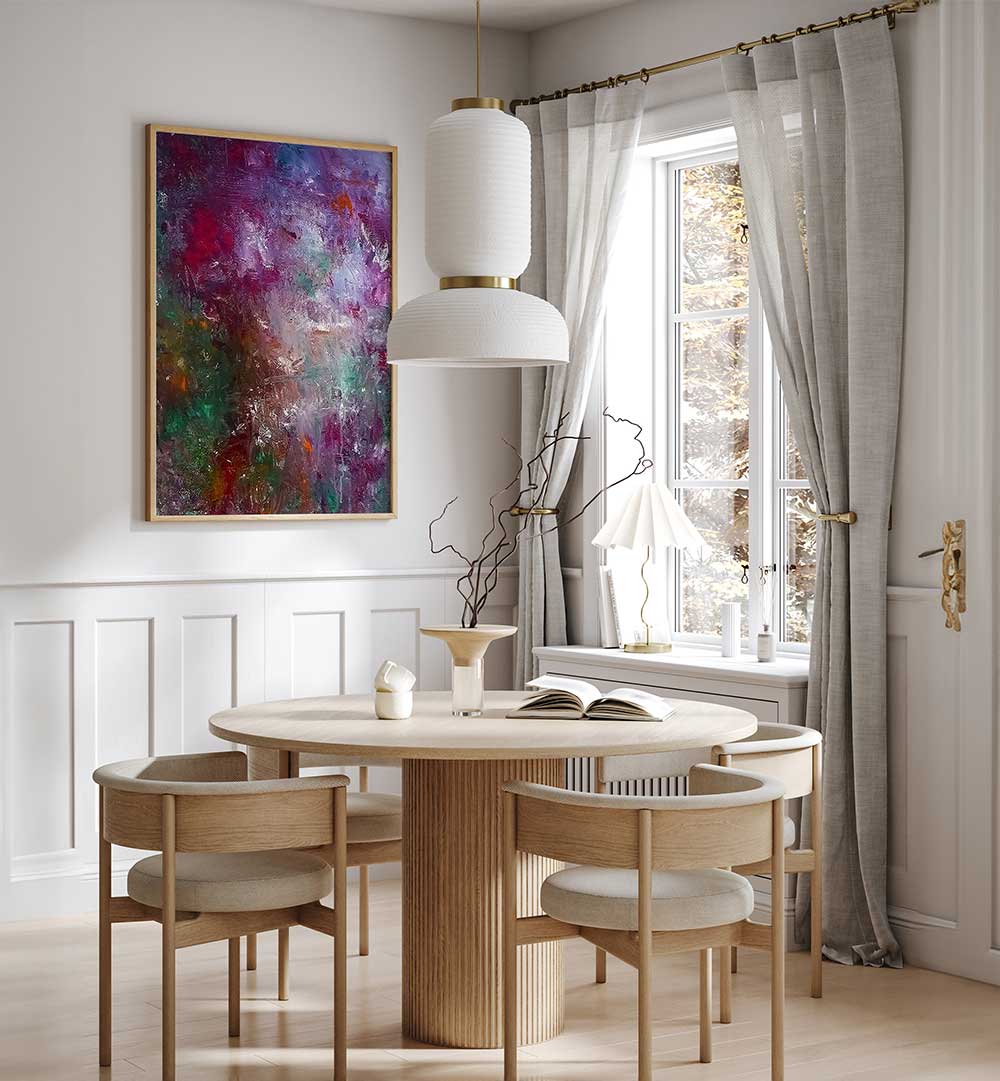 Vibrant LUV OF COLOUR, ABSTRACT PAINTINGS brighten a modern dining space with rich textures and hues.