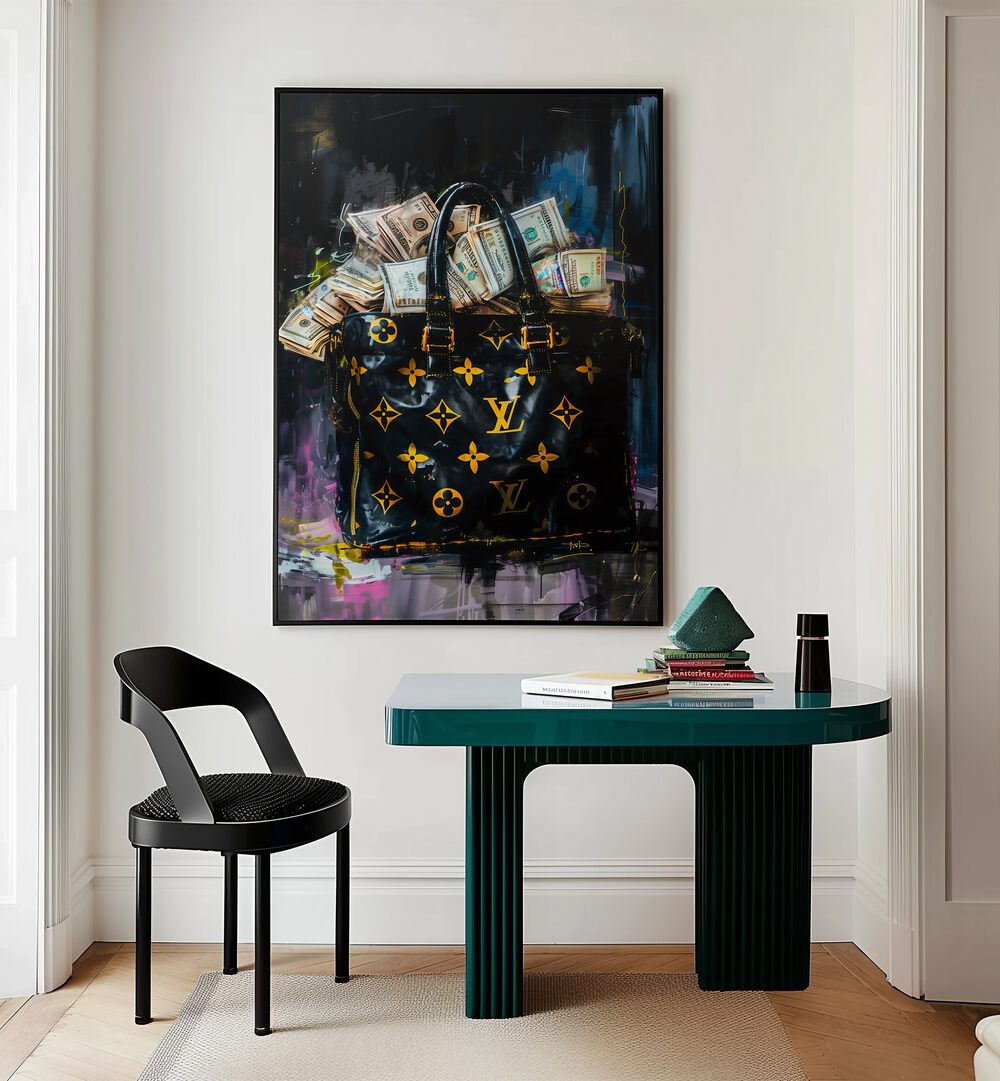 LV Bag With Dollars Money Art in Black Plain Frame placed on a Cream Colored Wall near a Study Table in a Workspace in the Drawing Room