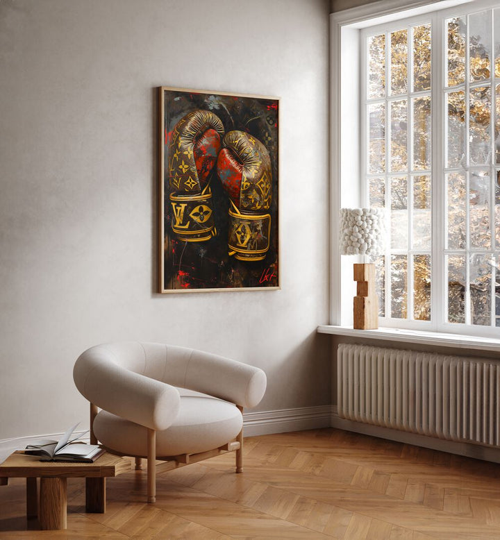 LV Boxing Gloves Gaming Posters in Oak Wood Plain Frame placed on a Beige Colored Wall in the Drawing Room