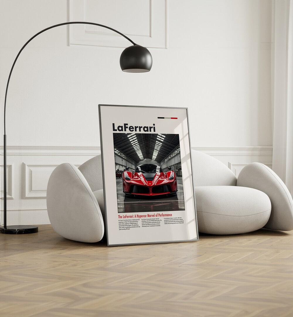 La Ferrari Car Posters Automotive Wall Art Prints in Black Plain Frame placed on the floor near a White Sofa in the Living Room