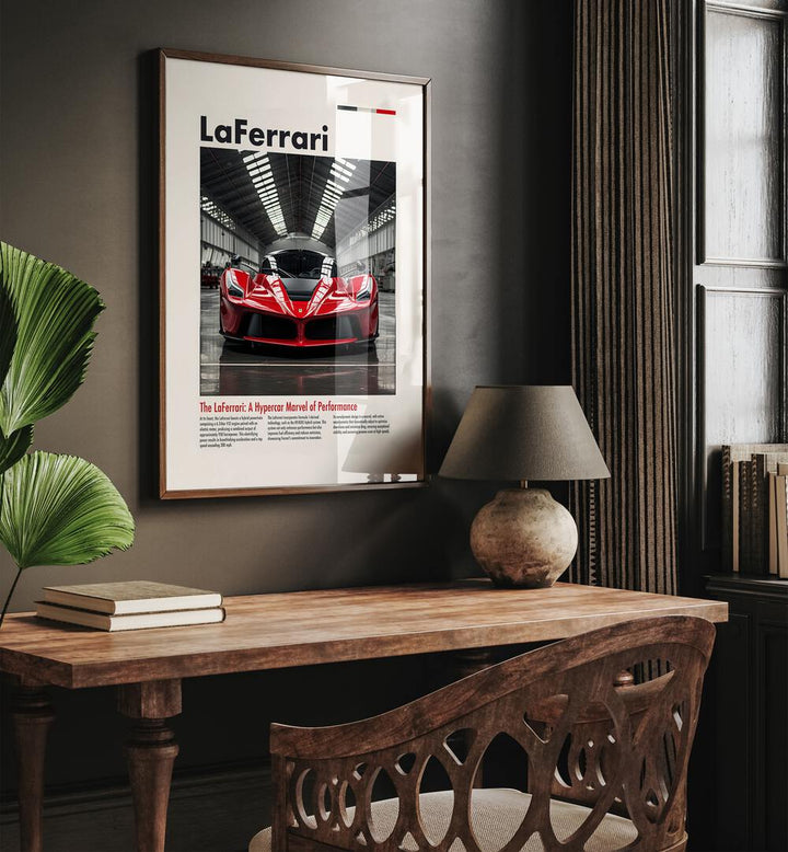 La Ferrari Car Posters Automotive Wall Art Prints in Dark Wood Plain Frame placed on a Dark Brown Colored Wall Above a Study Table in a Workspace in the Drawing Room