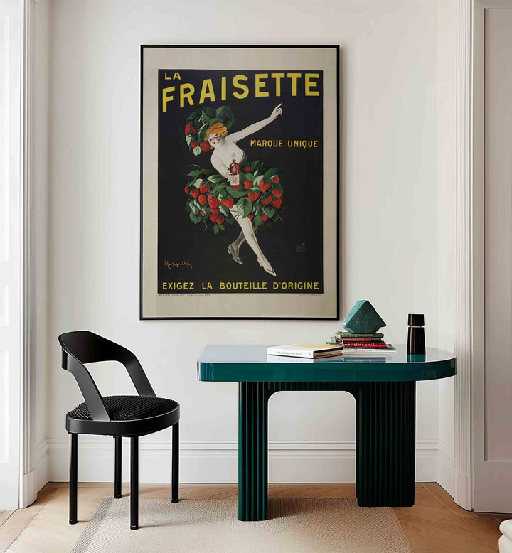 La Fraisette Cafe Art Prints Cafe Posters in Black Plain Frame placed on a wall behind a table