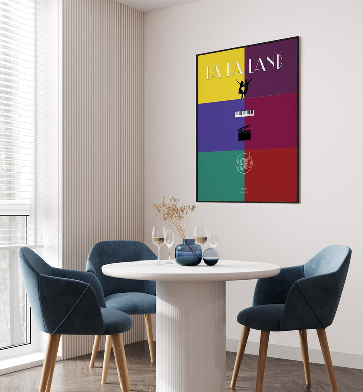 La La Land By Grishma Korjani Movie Posters in Black Plain Frame placed on a Cream Colored Wall near a Dining Table in the Dining Room