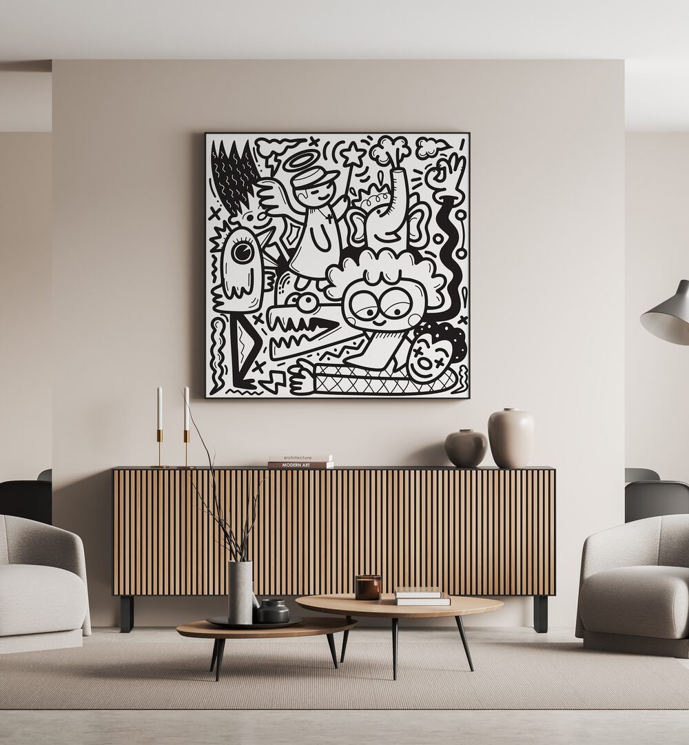 La La Land Doodle Art BW Doodle Art Painting in Black Plain Frame placed on wall behind the wooden table