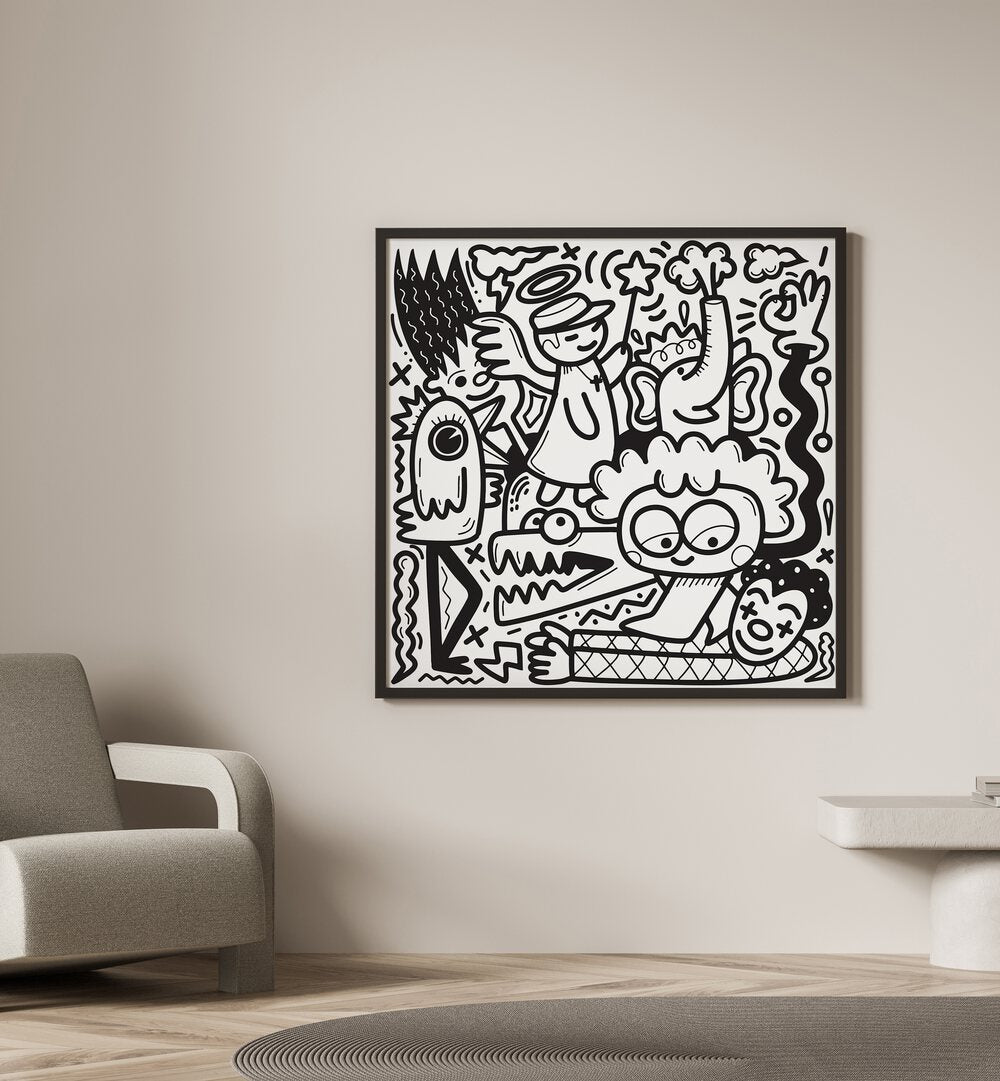 La La Land Doodle Art BW Doodle Art Painting in Black Plain Frame placed on the wall beside the chair