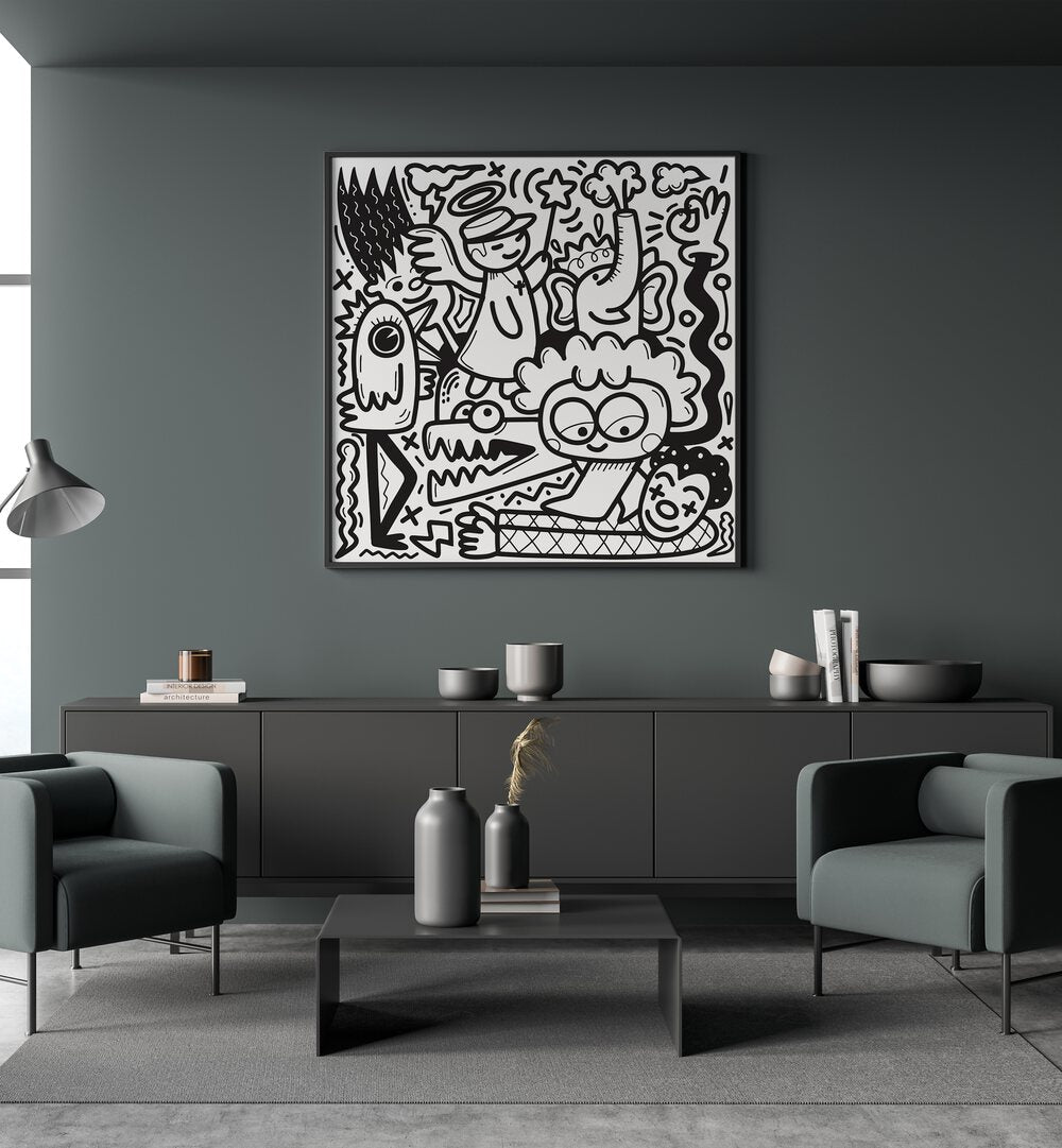 La La Land Doodle Art BW Doodle Art Painting in Black Plain Frame placed on wall behind a black  table