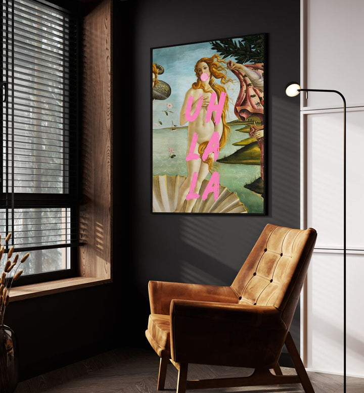 La La by the Art Concept Altered Art Prints in Black Plain Frame placed on a wall beside an orange sofa