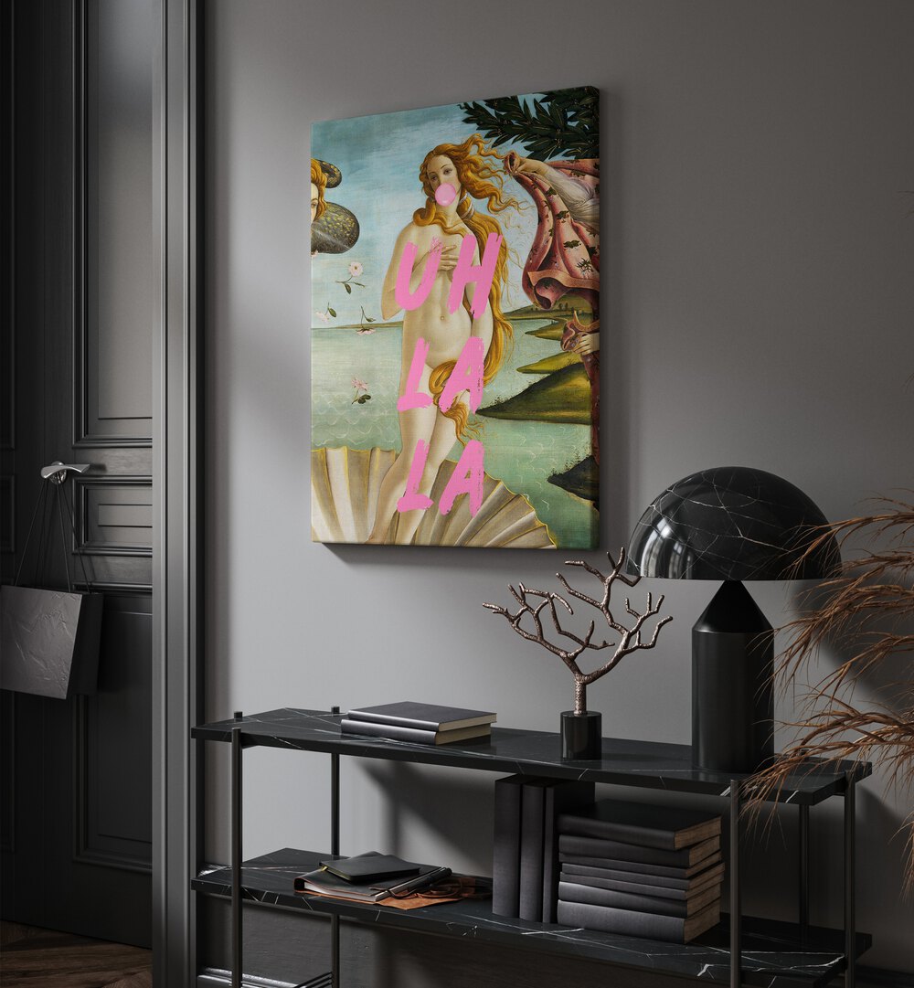 La La by the Art Concept Altered Art Prints in Gallery Wrap placed on a wall behind a table and beside a door