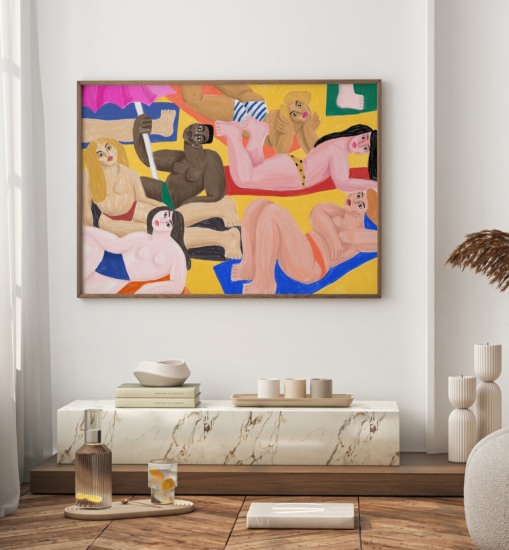 La Plage By Cepe Wallart Prints in Oak Wood Plain Frame on a white wall placed behind a table