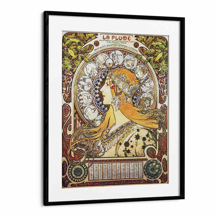 La Plume Zodiac 1896 By Alphonse Mucha Vintage Paintings in Black Frame With Mount