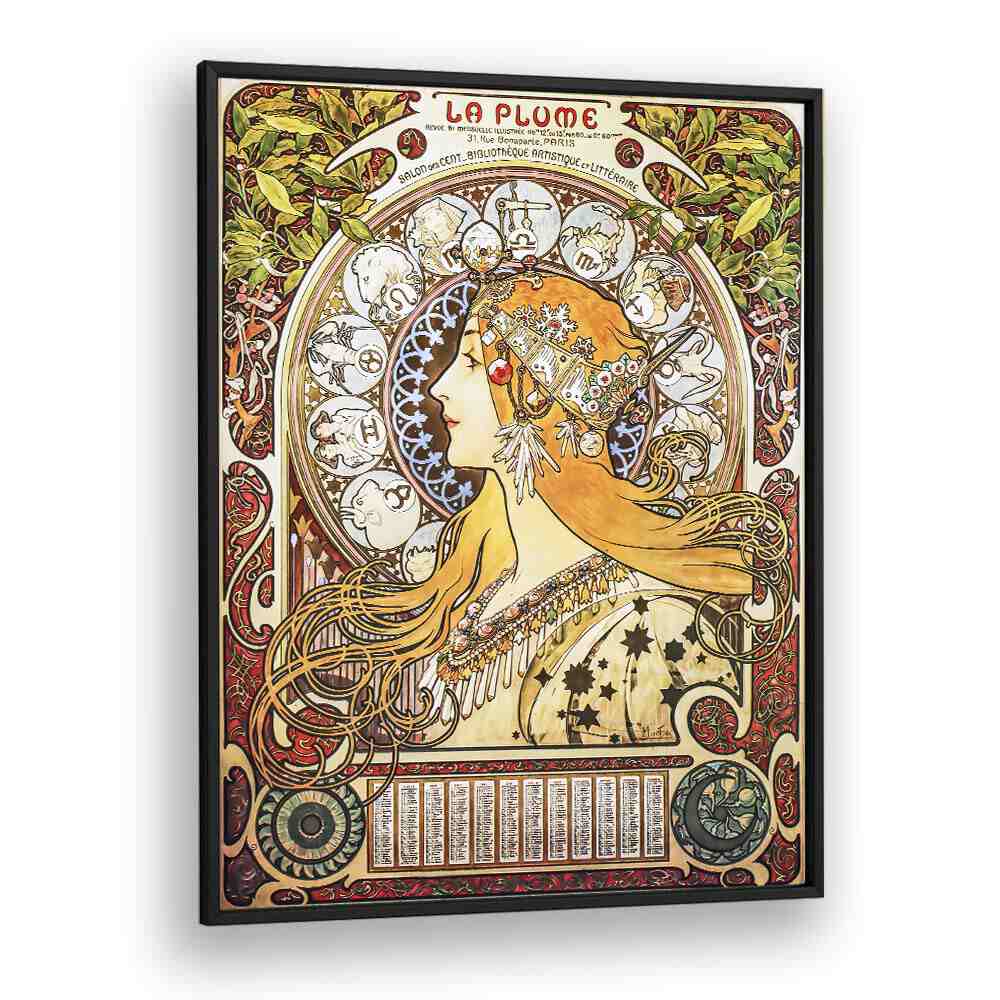 La Plume Zodiac 1896 By Alphonse Mucha Vintage Paintings in Black Plain Frame