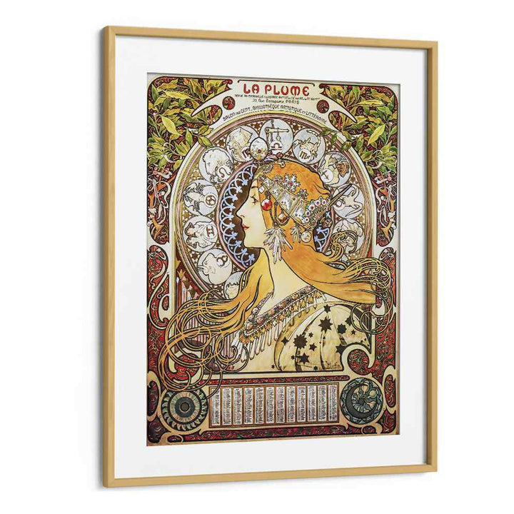 La Plume Zodiac 1896 By Alphonse Mucha Vintage Paintings in Oak Wood Frame With Mount