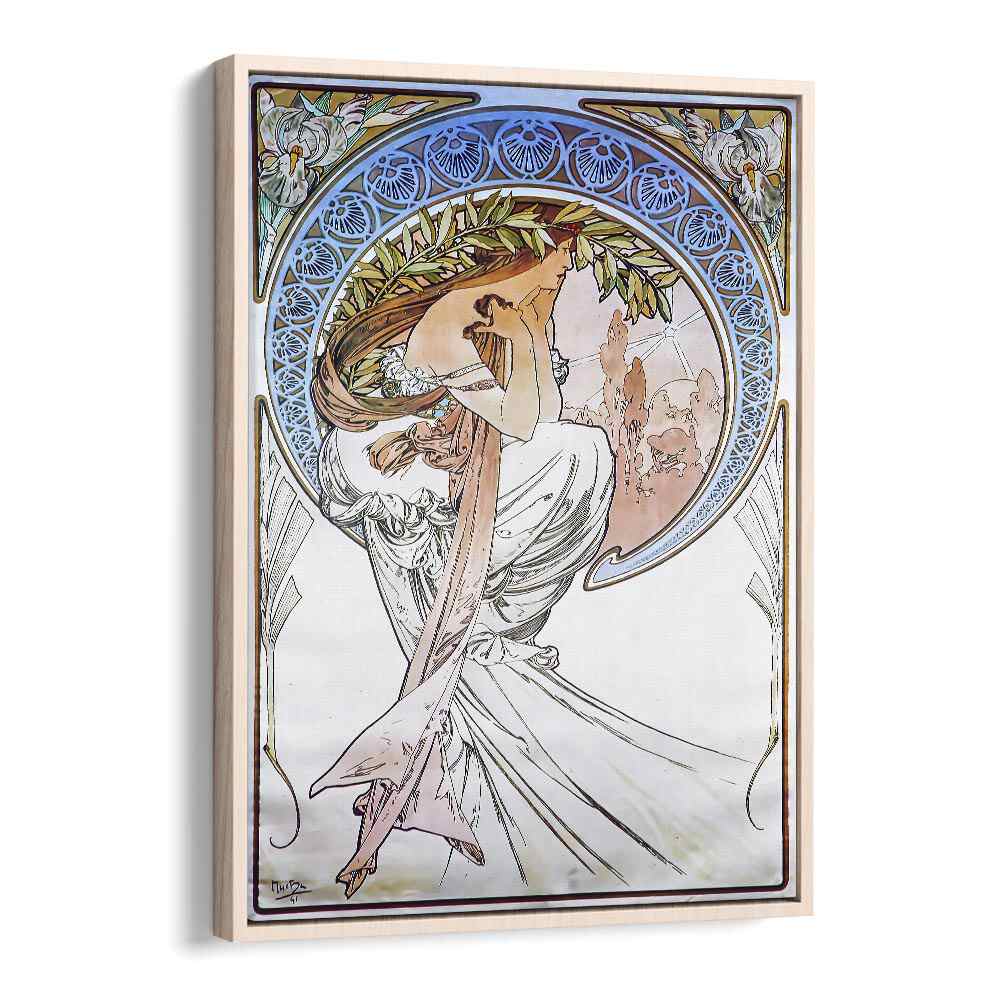 La Poesie Poetry 1898 By Alphonse Mucha Vintage Paintings in Oak Wood Floater Frame