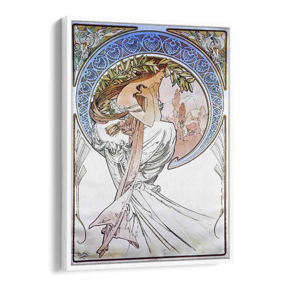 La Poesie Poetry 1898 By Alphonse Mucha Vintage Paintings in White Floater Frame