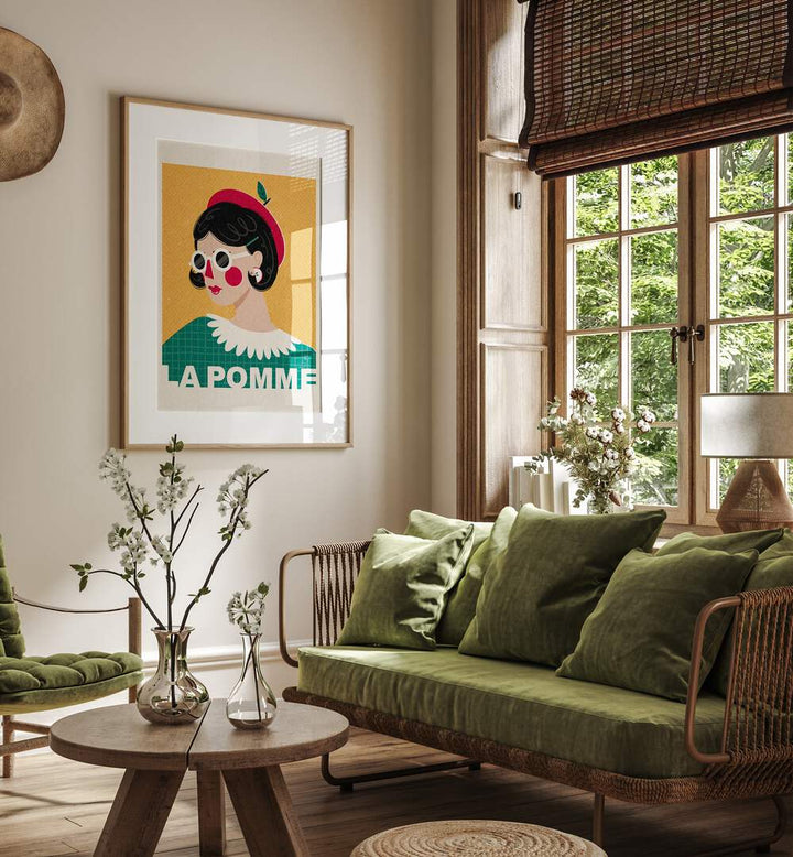 La Pomme French Fashion Portrait By Julia Leister Women Illustration Paintings in Oak Wood Frame With Mount on a wall placed beside a window for living room