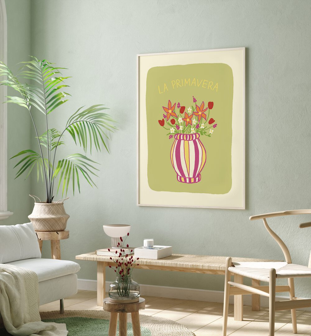 La Primavera by Studio Dolci Kitchen Art Prints in White Plain Frame placed on a wall behind a table and beside a plant