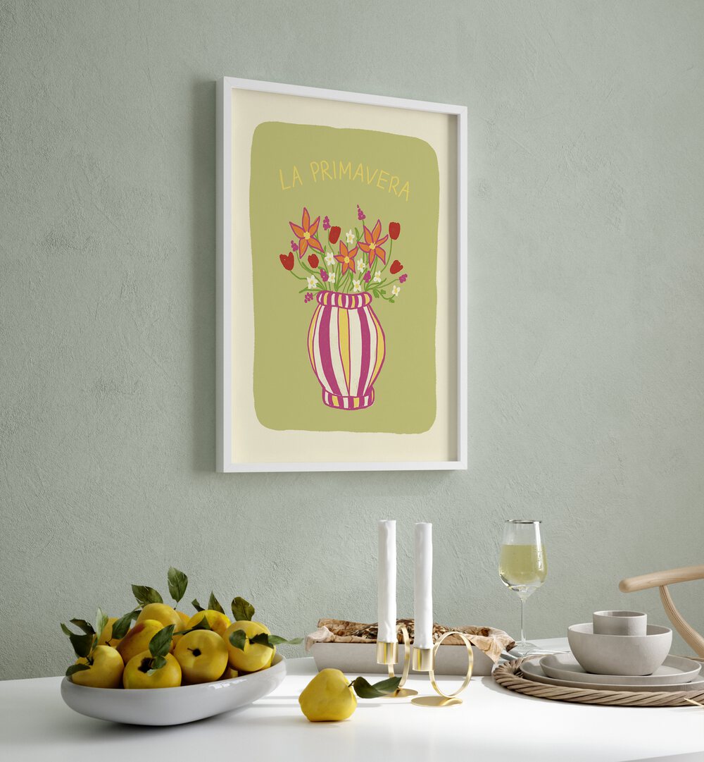 La Primavera by Studio Dolci Kitchen Art Prints in White Plain Frame placed on a wall behind a dining table