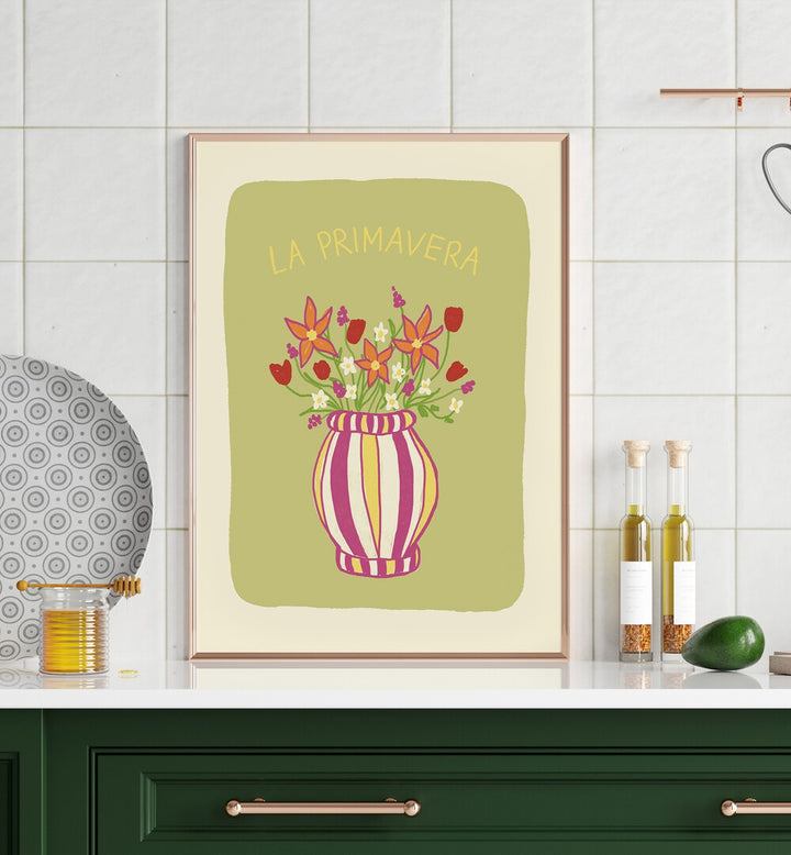 La Primavera by Studio Dolci Kitchen Art Prints in Oak Wood Plain Frame placed on a kitchen counter for kitchen