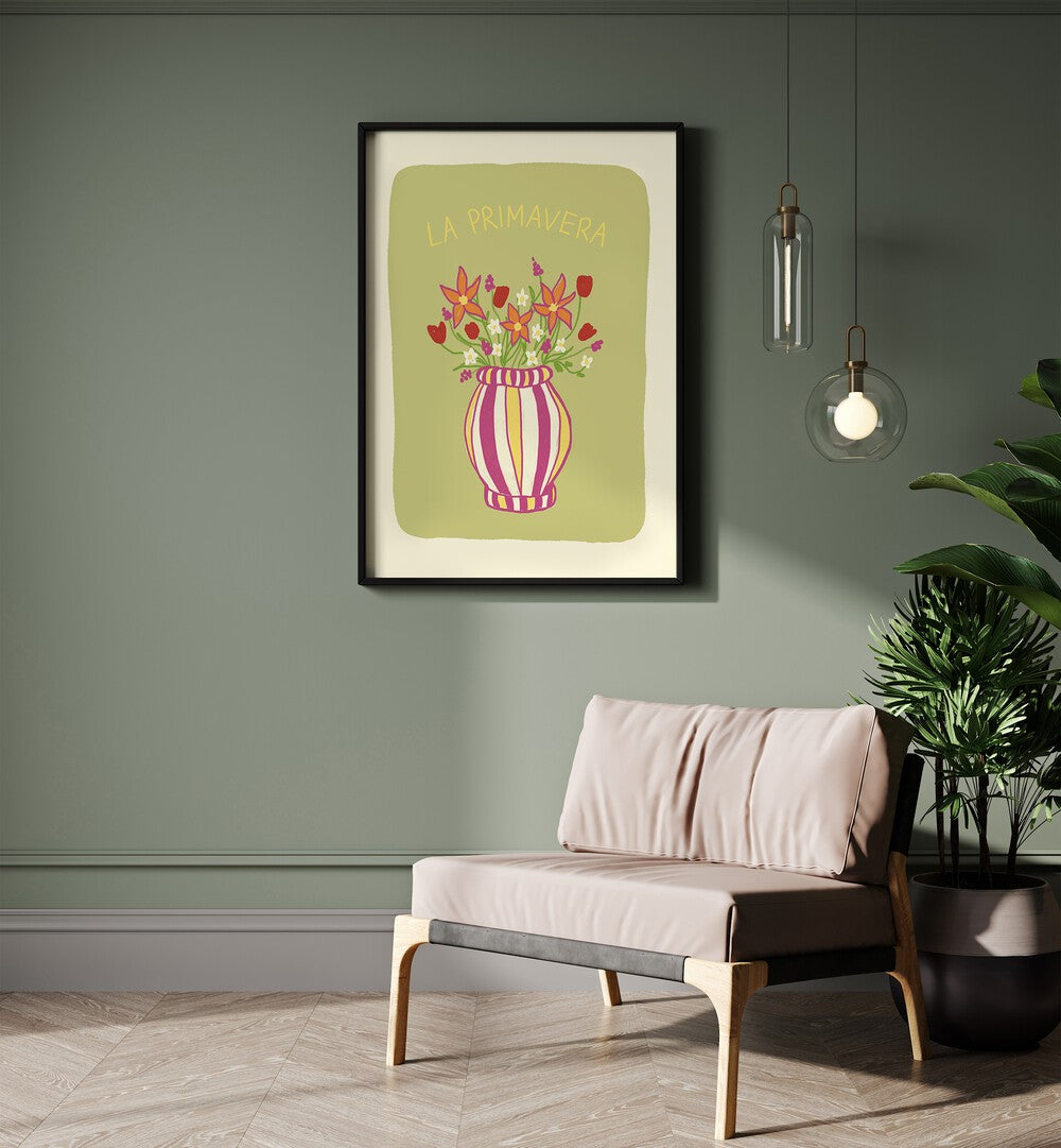 La Primavera by Studio Dolci Kitchen Art Prints in Black Plain Frame placed on a wall beside a sofa