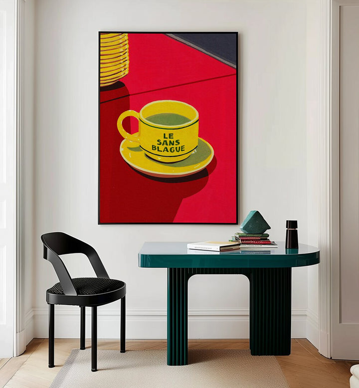 La Sans Blague by Studio Mandariini Kitchen Posters Kitchen Art Prints in Black Plain Frame placed on a wall behind a table