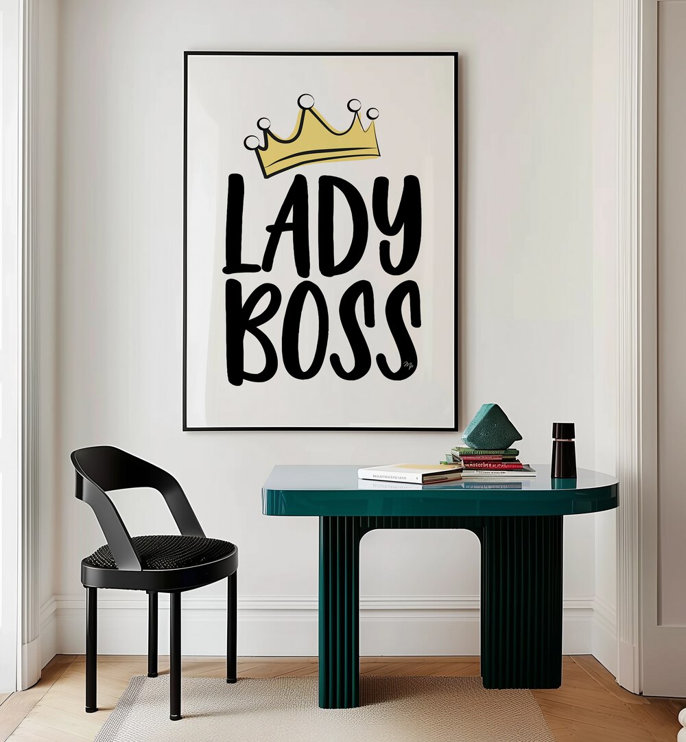 Lady Boss by Martina Fashion Paintings Fashion Posters placed on wall near study table in a corner 
