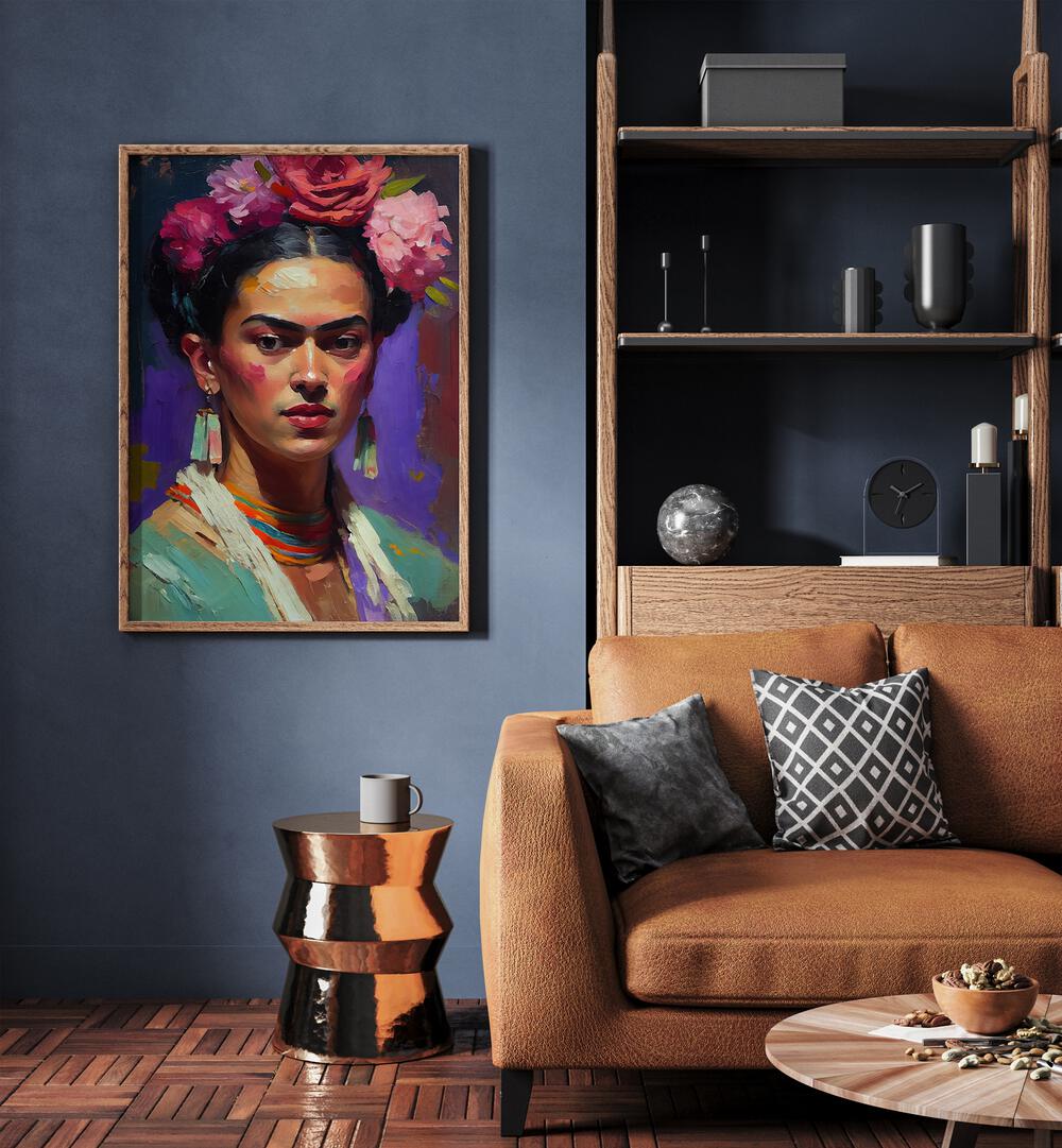 Lady By Treechild Women Illustration Paintings in Oak Wood Plain Frame placed on a Blue Colored Wall near a Brown Sofa in the Living Room