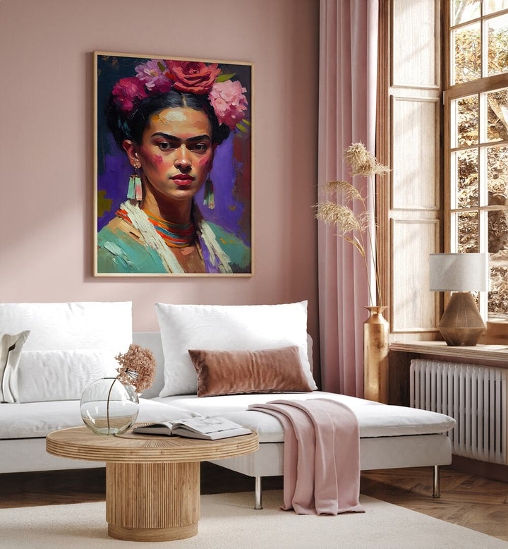 Lady By Treechild Women Illustration Paintings in Oak Wood Plain Frame placed on a Pink Colored Wall near a White Sofa in the Living Room