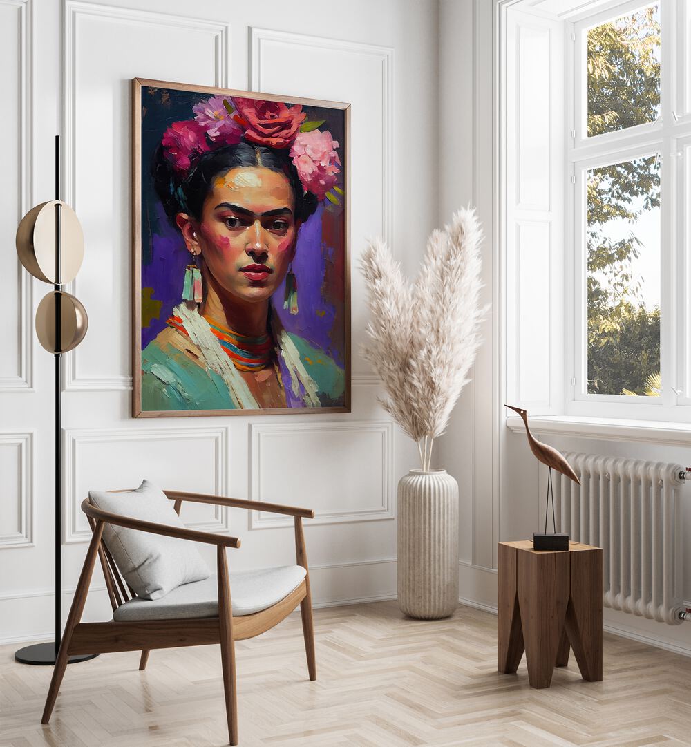 Lady By Treechild Women Illustration Paintings in Oak Wood Plain Frame placed on a White Colored Wall in the Drawing Room