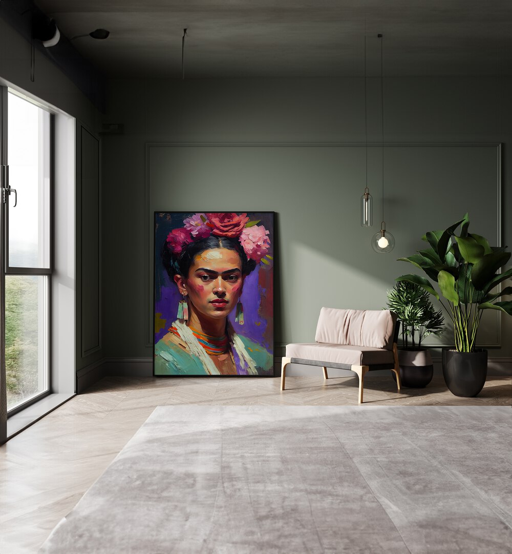 Lady By Treechild Women Illustration Paintings in Black Plain Frame placed on the floor near a Green Colored Wall in the Drawing Room