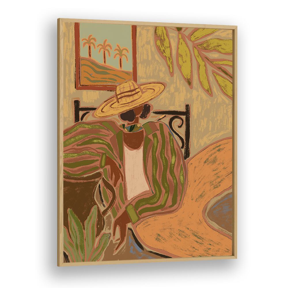 Lady In Stripe By Arty Guava Wall Art Prints in Oak Wood Plain Frame