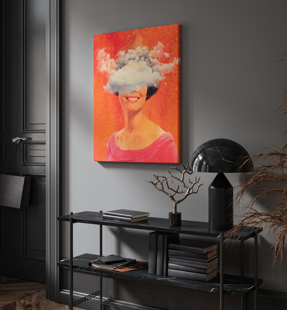 Lady On Clouds By Space Rocket Art Pop Art Paintings in Gallery Wrap placed on a Grey Colored Wall in the Drawing Room