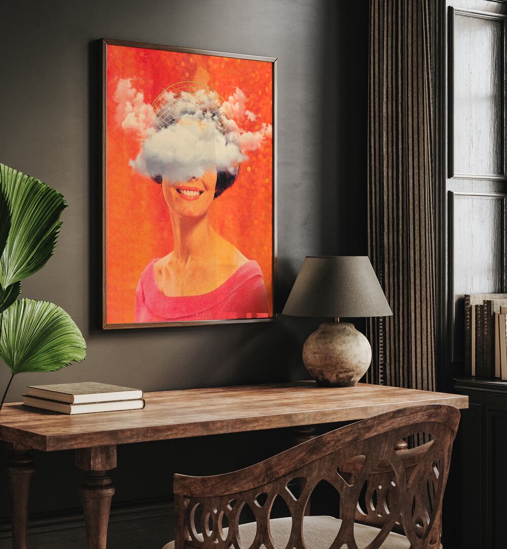 Lady On Clouds By Space Rocket Art Pop Art Paintings in Dark  Wood Plain Frame placed on a Dark Grey Colored Wall near a Study Table in the Drawing Room