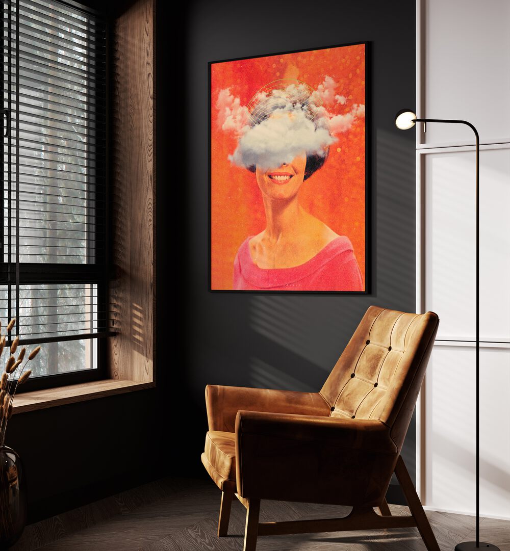 Lady On Clouds By Space Rocket Art Pop Art Paintings in Black Plain Frame placed on a Dark Grey Colored Wall in the Drawing Room