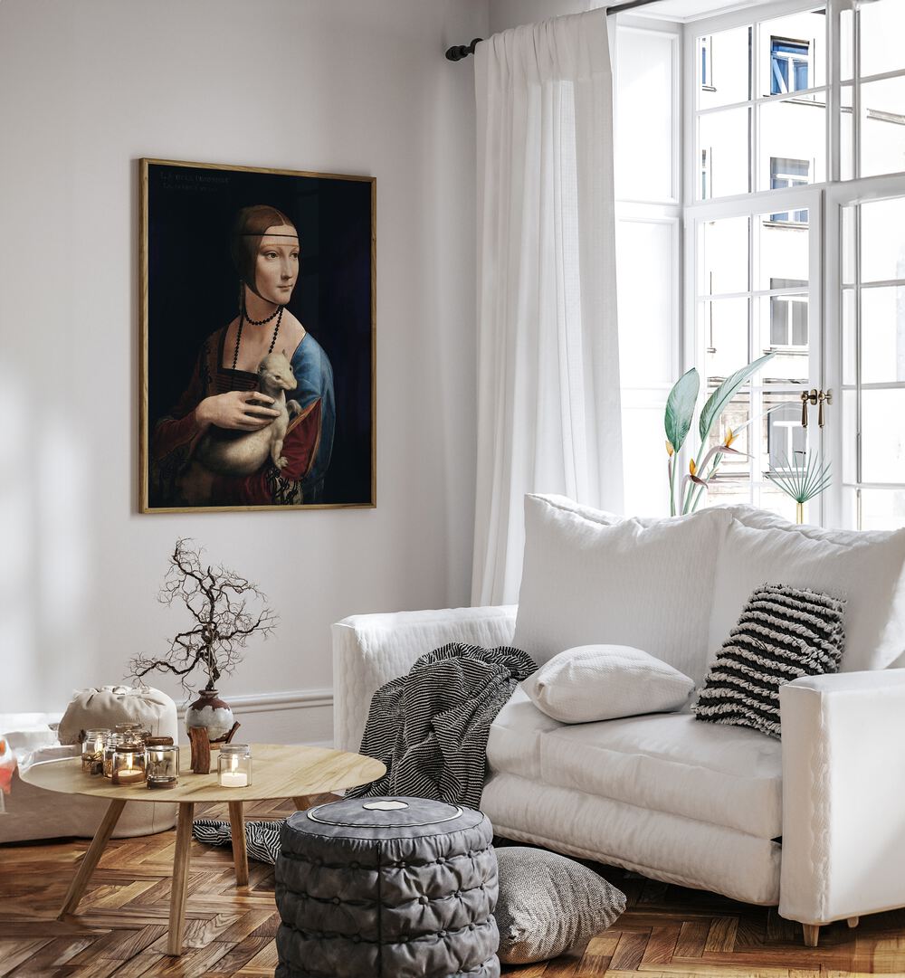 Lady With An Emrin Vintage Paintings in Oak Wood Plain Frame placed on a white wall beside a white sofa and a window for living room