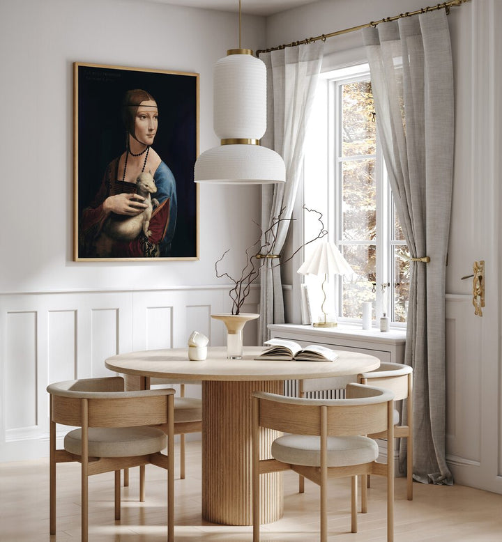 Lady With An Emrin Vintage Paintings in Oak Wood Plain Frame placed on a dining room wall behind a dining table and beside a window