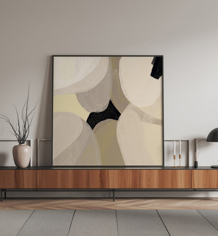 Laetitia by Yopie Studio Abstract Paintings Abstract Art Prints in Black Plain Frame placed on a console table