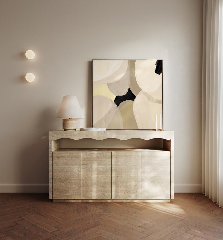 Laetitia by Yopie Studio Abstract Paintings Abstract Art Prints in Oak Wood Floater Frame placed on a console table beside a lamp