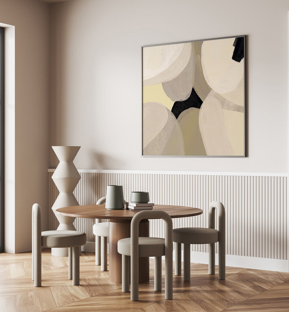 Laetitia by Yopie Studio Abstract Paintings Abstract Art Prints in Black Plain Frame placed on a wall in a dining room area behind a dining table