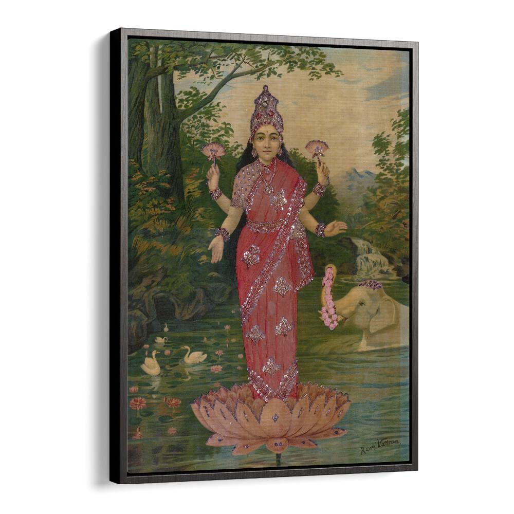 Lakshmi Embellished By Raja Ravi Varma Indian Paintings in Black Floater Frame