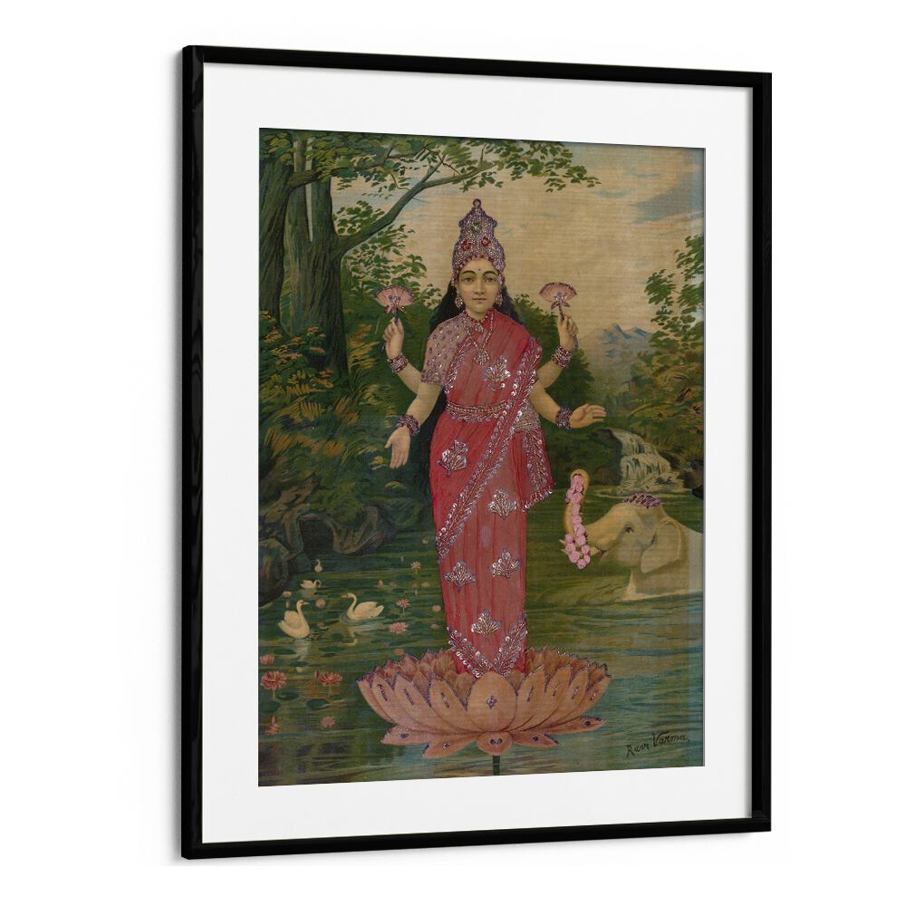 Lakshmi Embellished By Raja Ravi Varma Indian Paintings in Black Frame With Mount